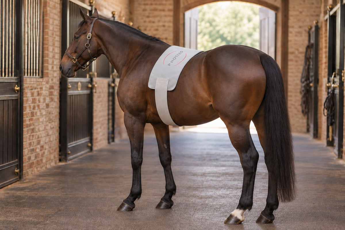 Photizo Flexible LED Pad, Large, strapped over a bay horse's back