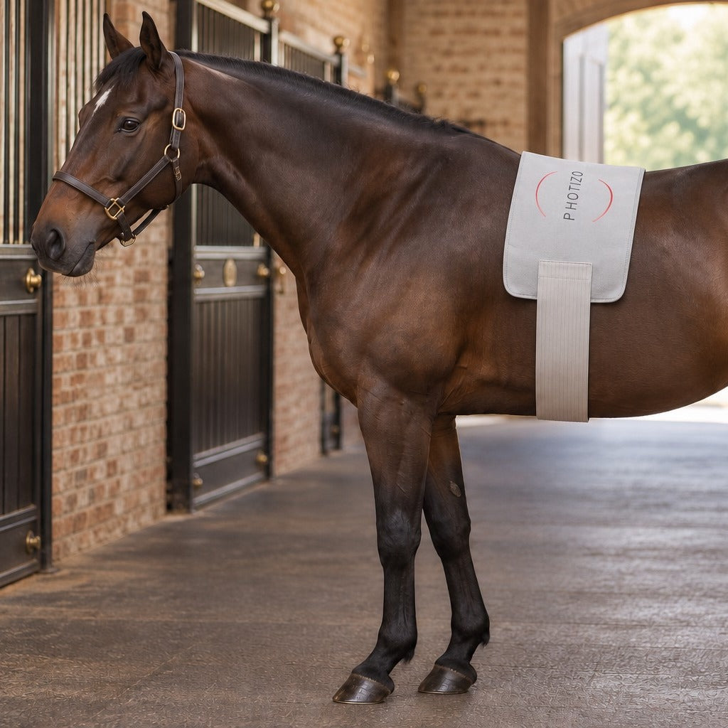 Photizo Flexible LED Pad, Large, on a bay horse's back in a stable aisle